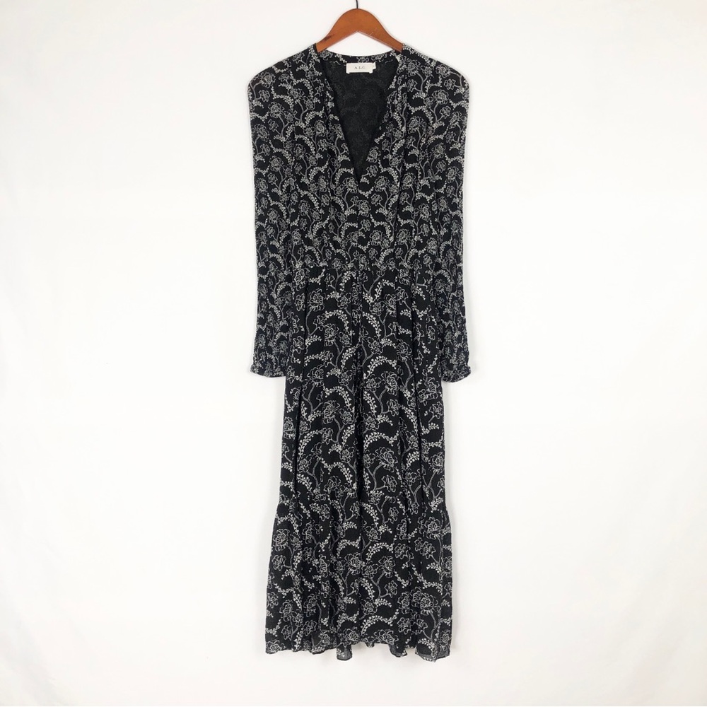 ALC Kate Floral Long Sleeve‎ Silk Blend Midi Dress Size 2 Black White